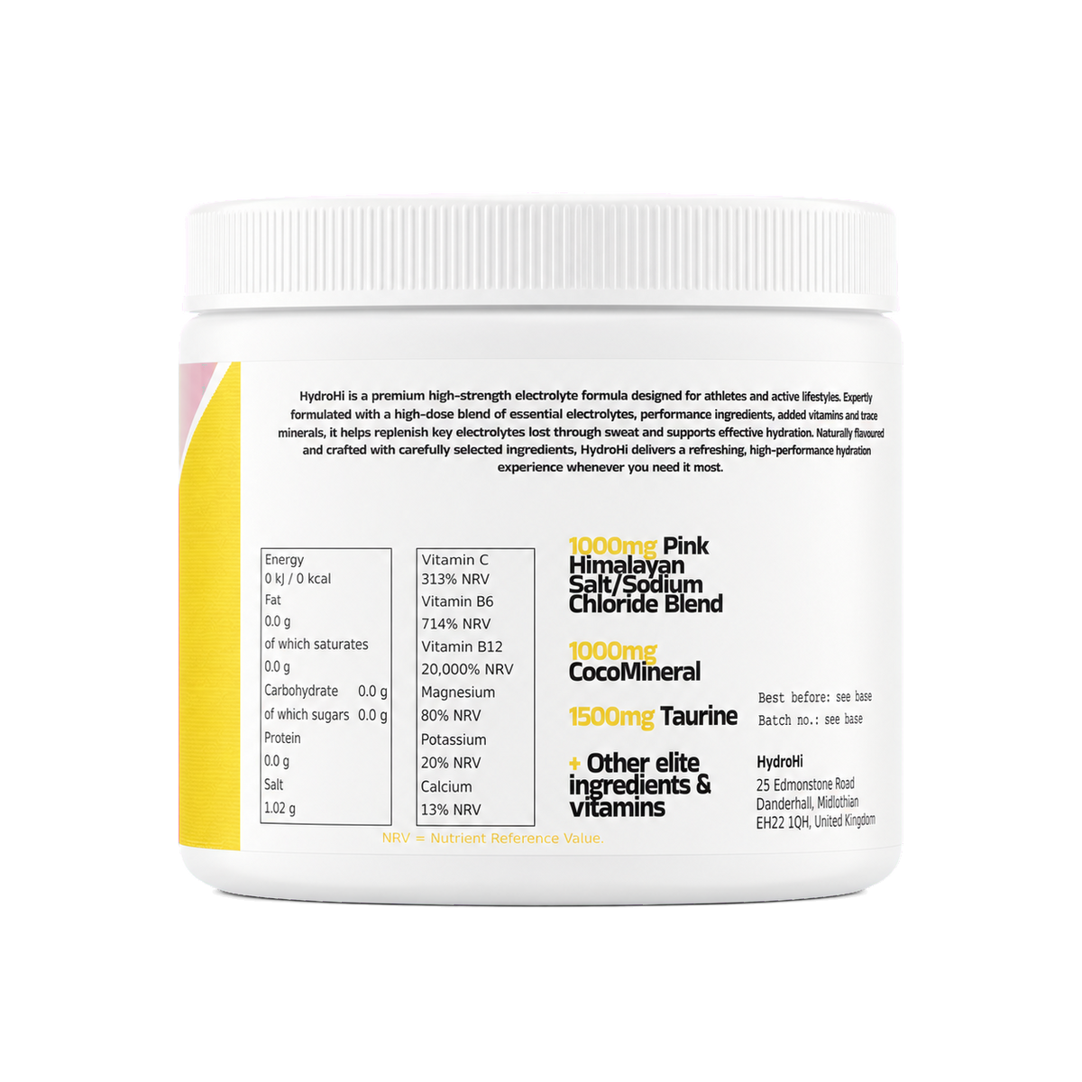 HydroHi Elite electrolyte powder nutrition information panel