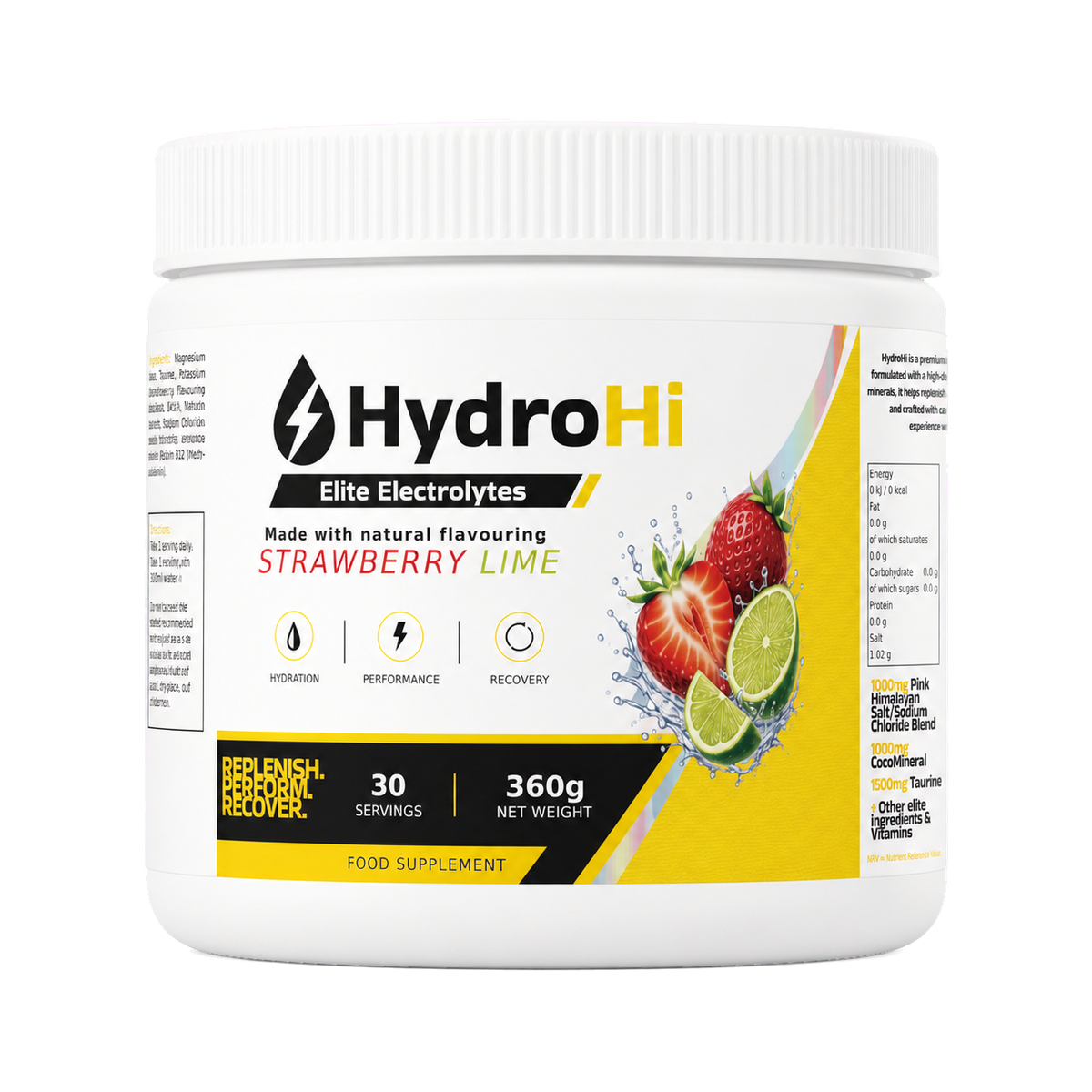 HydroHi Elite Strawberry Lime electrolyte powder tub front view
