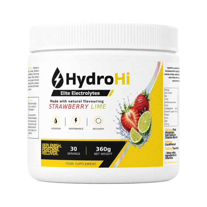 HydroHi Elite Strawberry Lime electrolyte powder tub front view