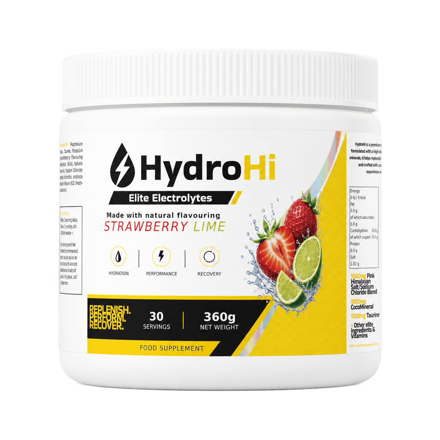 HydroHi Elite Strawberry Lime electrolyte powder tub front view