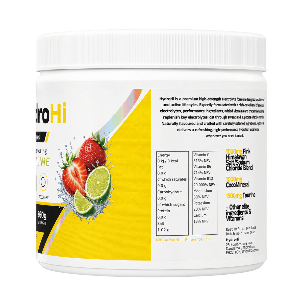 HydroHi Strawberry Lime electrolyte powder tub with fruit design